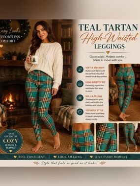 Teal Tartan High-Waisted Leggings